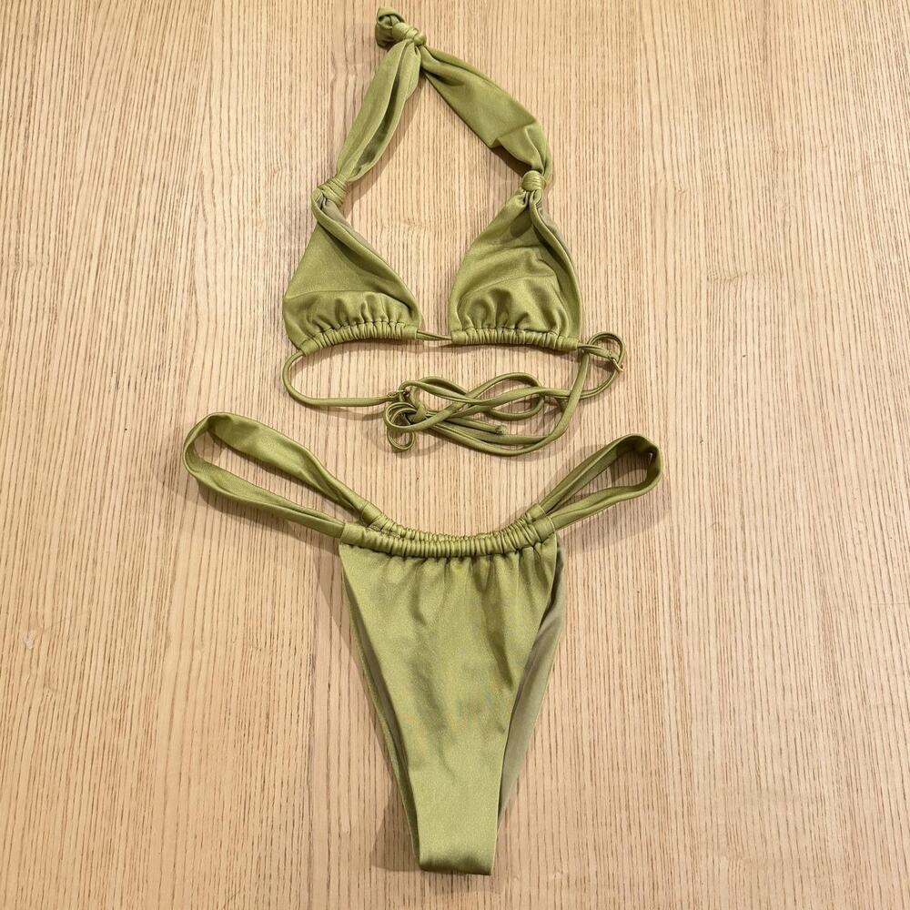 Agua Bendita Bikini Set Small Green Triangle Halter Ruched Bottom Beach Pool
